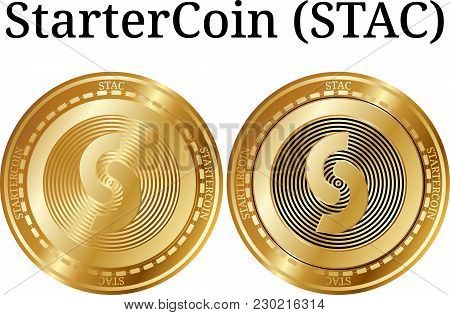 Set Of Physical Golden Coin Startercoin (stac), Digital Cryptocurrency. Startercoin (stac) Icon Set.