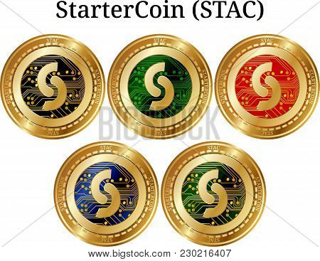 Set Of Physical Golden Coin Startercoin (stac), Digital Cryptocurrency. Startercoin (stac) Icon Set.