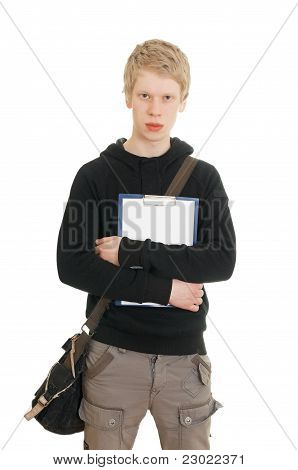 een jonge man houdt een Klembord
