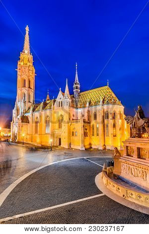 Budapest, Hungary. Matyas Church, Buda Hill At Twilight Hour.