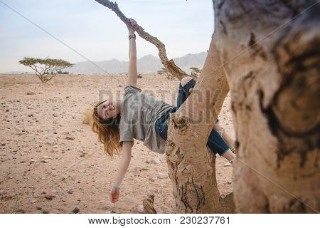 Pretty Girl Have Fun On A Tree In The Desert In A Day