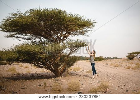 Pretty Girl Have Fun On A Tree In The Desert In A Day