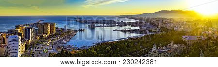 Malaga, Spain - November 22, 2017. Sunset Over The Malaga City Panoramic View, Costa Del Sol, Spain.