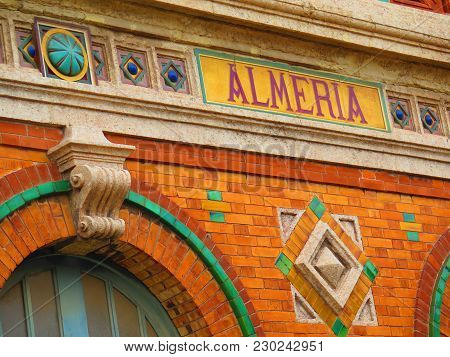 Almeria, Spain - February 10, 2018: Closeup Of Almeria Railway Station Brickwork