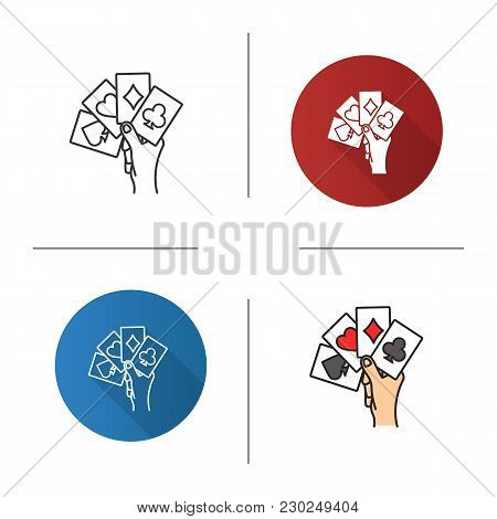 Hand Holding Four Aces Icon. Flat Design, Linear And Color Styles. Playing Cards. Poker. Kare. Isola