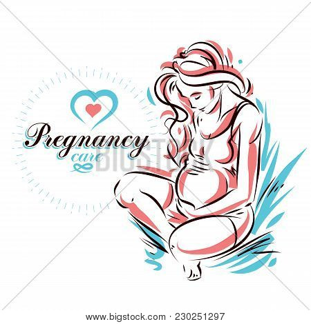 Pregnant Female Beautiful Body Outline, Mother-to-be Drawn Vector Illustration. Medical Rehabilitati