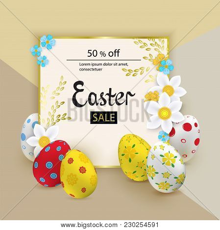 Colorful Easter Eggs, White Snowdrops On The Betge Background. Easter Banner