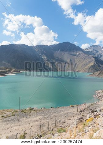 Mountains And Peaks Landscape. Lake Of Yeso. Cajon Del Maipo. Santiago Of Chile
