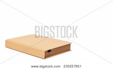Perspective View Of Closed Book Mock Up Brown Cover Isolated On White Background. Copy Space, Templa