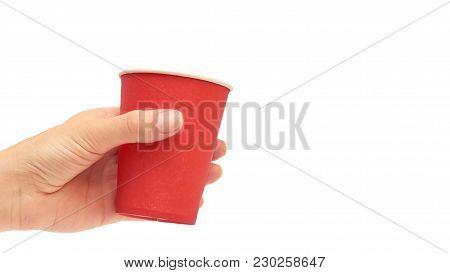 Female Hands Hold A Cardboard Or Plastic Disposable Cup. Isolated On White Background. Copy Space, T