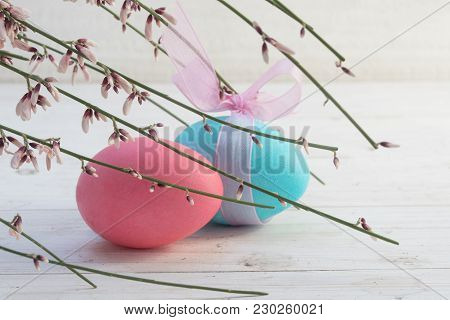 Easter Decoration, Two Eggs In Pastell Pink And Blue  In A Wooden Box With Moss And Genista Flowers 
