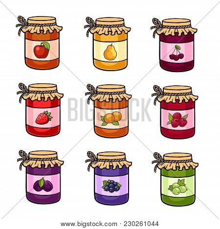 The Set Of Hand-drawn Jars With Jam. Apple, Pear, Cherry, Strawberry, Peach, Raspberry, Plum, Curran