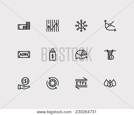 Finance Icons Set. Chart And Finance Icons With Hedge Funds, Adrs And Invest Money. Set Of Elements 