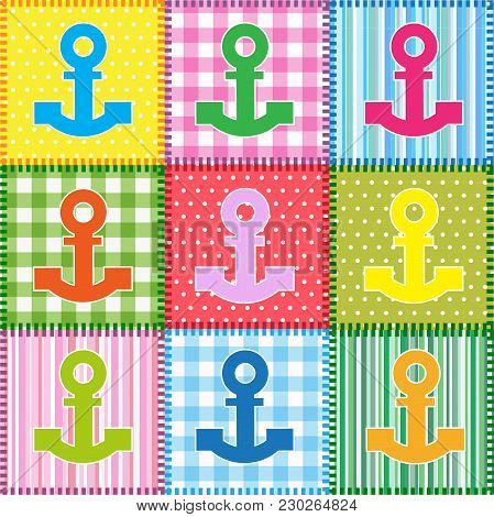 Patchwork  With Colorful Anchors.seamless Baby Vector Background