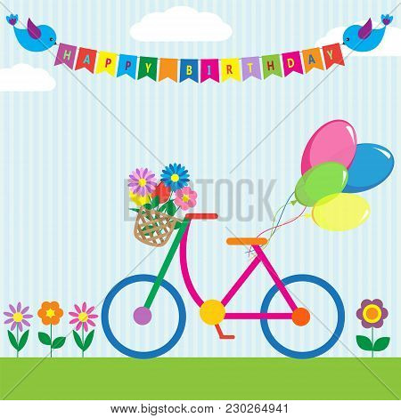 Colorful Bike With Flowers And Balloons.vector Card