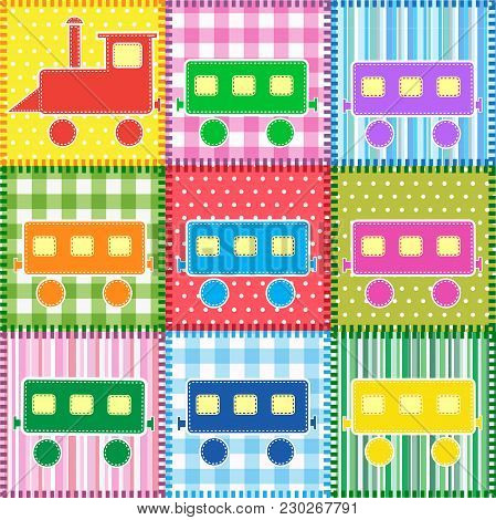 Patchwork With Colorful Train. Baby Seamless Background