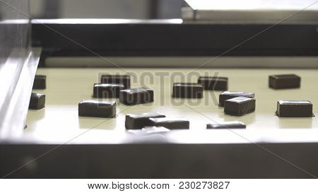 Chocolate Sweets Go On The Conveyor. Sweets On The Conveyor. Chocolate Sweets Are Moving On The Conv
