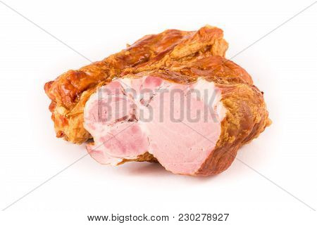 Two Pieces Of Smoked Brisket With A Layer Of Bacon Isolated On White Background. Meat Products.