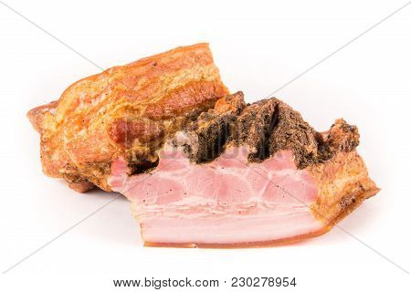 Two Pieces Of Smoked Brisket With A Layer Of Bacon Isolated On White Background. Meat Products.