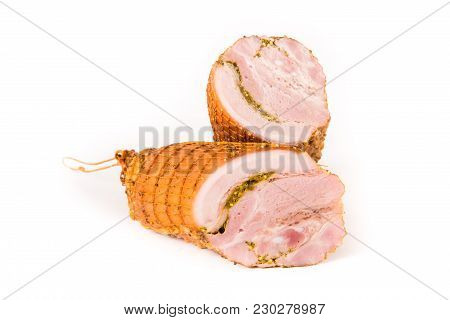 Two Pieces Of Smoked Brisket With A Layer Of Bacon Isolated On White Background. Meat Products.
