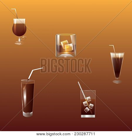 Set Of Five Drinks Of Brown Tones - In Transparent Glasses Of Different Shapes - Cognac, Cocktail, C
