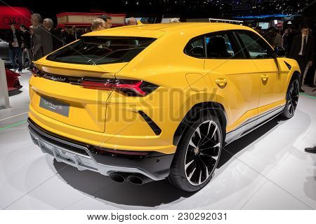 Geneva, Switzerland - March 6, 2018: New Lamborghini Urus Suv Car Presented At The 88th Geneva Inter