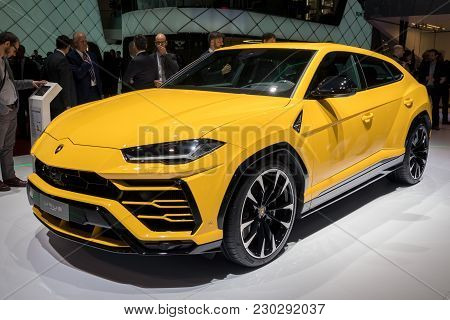 Geneva, Switzerland - March 6, 2018: New Lamborghini Urus Suv Car Presented At The 88th Geneva Inter