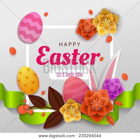 Happy Easter Elegant Card Day Greeting Card Design With Origami Paper Cut, Craft Blossoms Flowers An