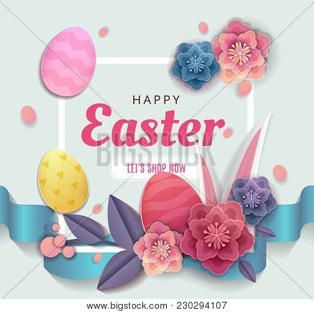 Happy Easter Elegant Card Day Greeting Card Design With Origami Paper Cut, Craft Blossoms Flowers An