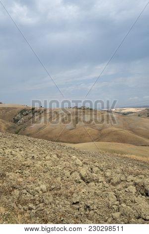 Country Landscape Along The Road From Asciano To Torre A Castello, Siena, Tuscany, Italy, At Summer