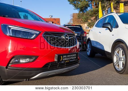 Nuernberg / Germany - March 4, 2018: Opel Logo On A Car At An Opel Car Dealer In Germany. Opel Autom