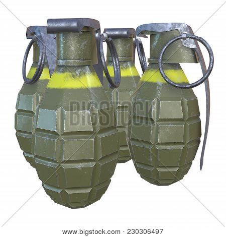Hand Bombs Frag Grenade Green Metal With Scratches And Round Pin Over. 3d Render Isolated On White.
