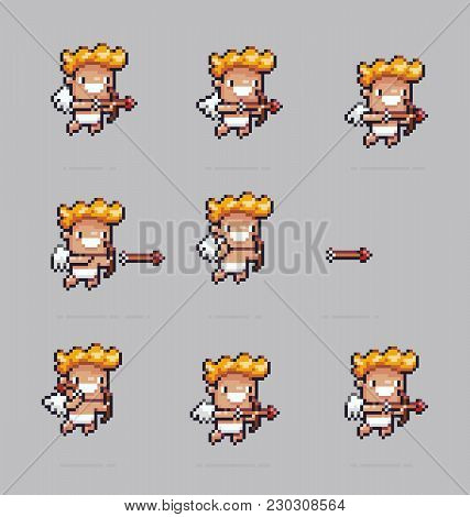 Pixel Art Cupid Shooting Arrows With His Bow, Sprite Sheet Animation
