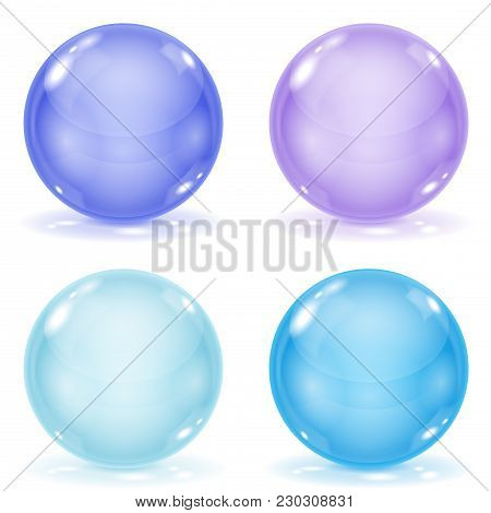 Glass Balls. Set Of Blue 3d Shiny Sheres Isolated On White Background. Vector Illustration