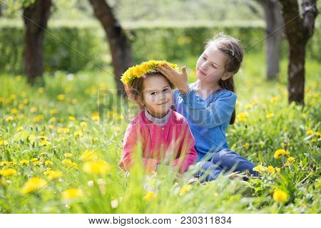The Gobos Play On The Green Meadow And Weave Wreaths On The Head Of Flowers