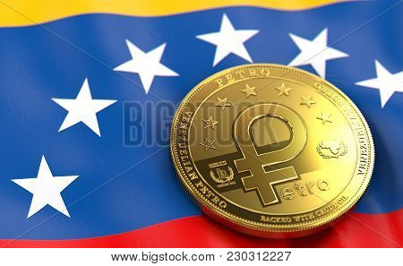 Golden Petro Concept Coin On Venezuelan Flag. Petro - The Cryptocurrency Of Venezuela Concept. 3d Re