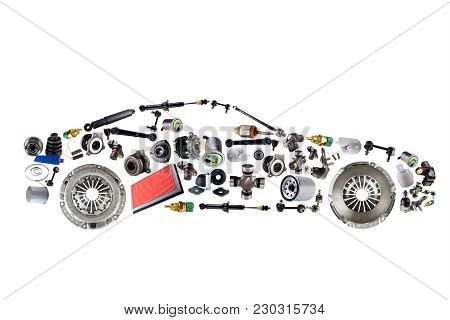 Passenger Car Assembled From New Spare Auto Parts For Shop Aftermarket. Isolated On White Background