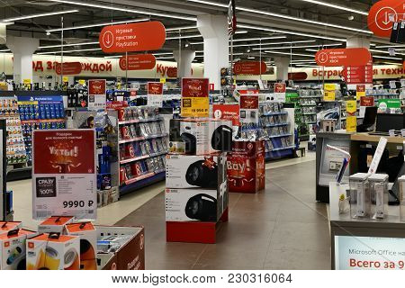 Khimki, Russia - March 08. 2018. Inside Of Shop Mvideo In A Shopping Center League