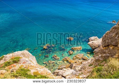 Beautiful Summer Landscape Of The Rocky Beach In Preveli, Kourtaliotiko Gorge, Crete, Greece