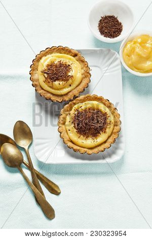 Mini Tart.  With Lemon Curd And Chocolate. Preparing Breakfast. Space For Writing Text. Copy Space.