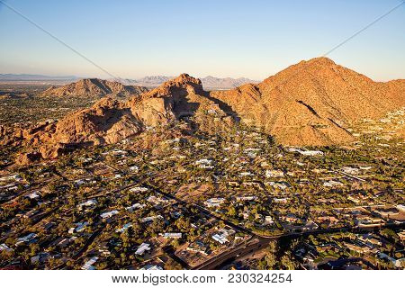 Sunset On Camelback Mountain Aerial View In Phoenix, Arizona