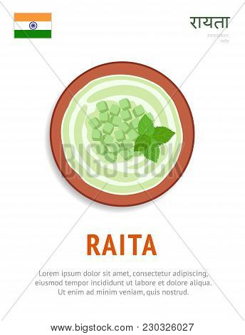 Raita. National Indian Dish. Vegetarian Food. View From Above. Vector Flat Illustration.