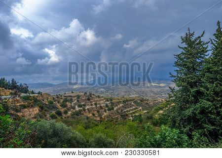 Aerial View Across Rural Countryside In The Wine Growing Region Of Cyprus.  Stormy Day Shot Taken In