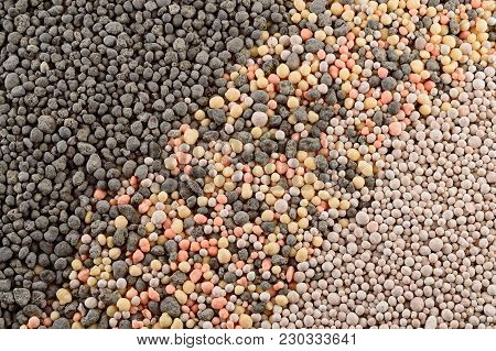 Multicolored Mineral Fertilizers Granules Closeup As Background
