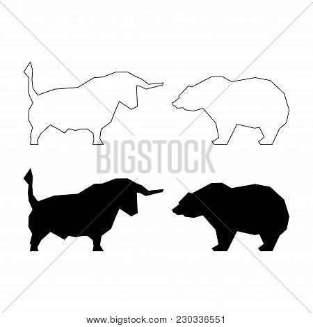 Black And White Bear And Bull Abstract Silhouettes Isolated On White Background
