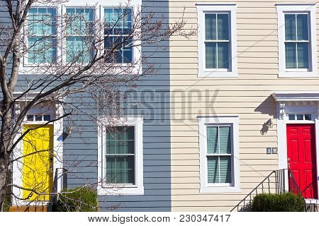 Historic Townhouses Of Shaw Neighborhood In Washington Dc. Colorful Residential Row Houses Under The