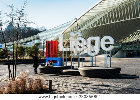 LIEGE, BELGIUM - February 24, 2018: famous architecture railway station Liege-Guillemins