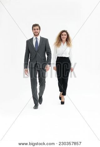 two successful employee confidently go forward