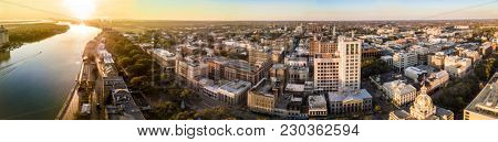 180 degree aerial panorama of Savannah, Georgia.