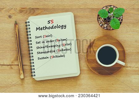 Top View Of  5s Concept  On Notebook With Pencil ,coffee Cup And Cactus In Flowers In A Pot On Woode